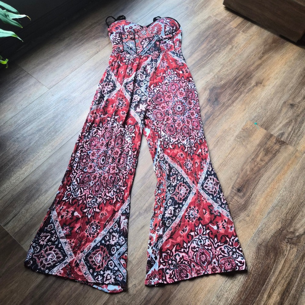 Band of Gypsies Paisley Patchwork Bustier Jumpsuit Red Blue Wide Leg Boho Womens